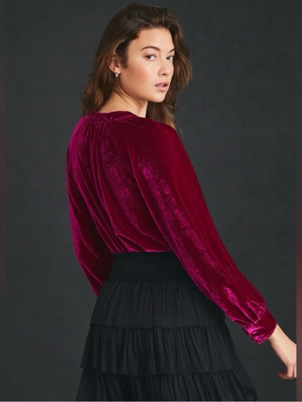 Anthropologie Pilcro Velvet Femme Top S Button Down Pink Blouse Puff Sleeve - Picture 6 of 15